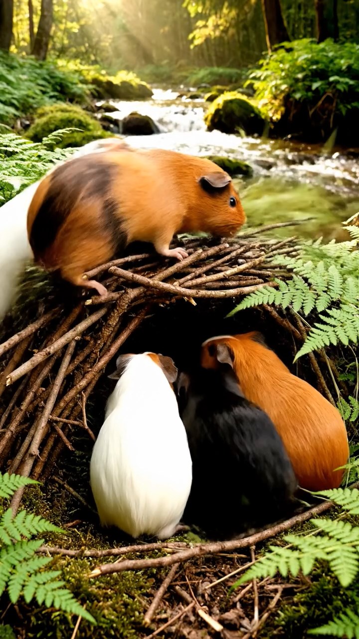 405. Detailed photo of 5 smooth-haired American guinea pigs with White, Orange, Gray, Black, and Brown fur, nest-building with twigs and grass in a tranquil forest glade with soft ferns and a babbling brook, under gentle morning light, creating a vivid, realistic scene of cooperative effort.
