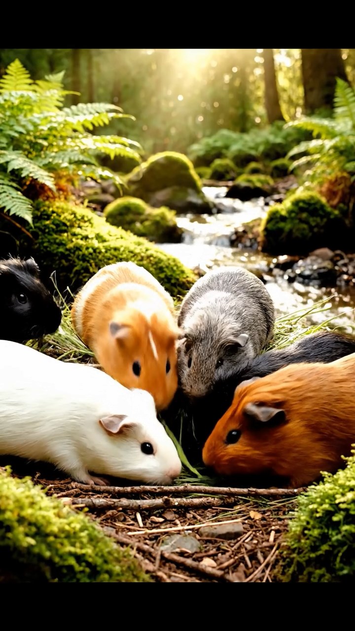 405. Detailed photo of 5 smooth-haired American guinea pigs with White, Orange, Gray, Black, and Brown fur, nest-building with twigs and grass in a tranquil forest glade with soft ferns and a babbling brook, under gentle morning light, creating a vivid, realistic scene of cooperative effort.