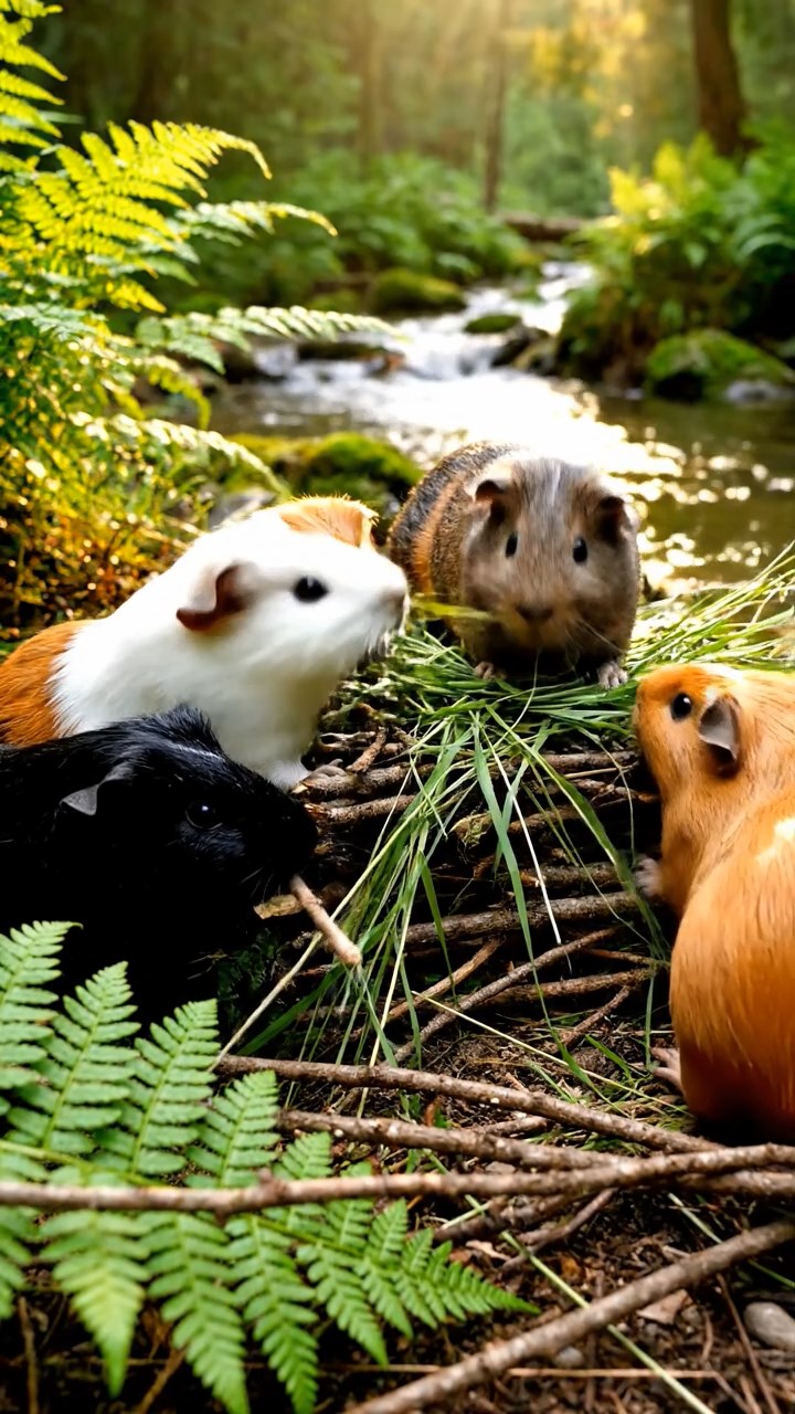 405. Detailed photo of 5 smooth-haired American guinea pigs with White, Orange, Gray, Black, and Brown fur, nest-building with twigs and grass in a tranquil forest glade with soft ferns and a babbling brook, under gentle morning light, creating a vivid, realistic scene of cooperative effort.