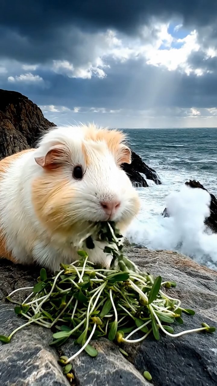 406. Photorealistic scene of 1 smooth-haired Teddy guinea pig with Cream fur, nibbling on fresh alfalfa sprouts, on a rocky cliffside overlooking a turbulent sea, with jagged rocks and crashing waves below, under dramatic clouds, capturing a lifelike, coastal moment.