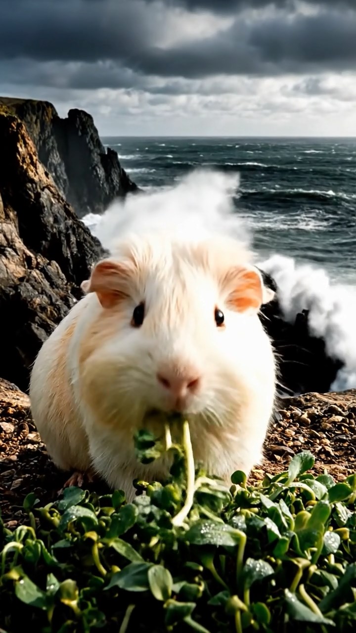 406. Photorealistic scene of 1 smooth-haired Teddy guinea pig with Cream fur, nibbling on fresh alfalfa sprouts, on a rocky cliffside overlooking a turbulent sea, with jagged rocks and crashing waves below, under dramatic clouds, capturing a lifelike, coastal moment.