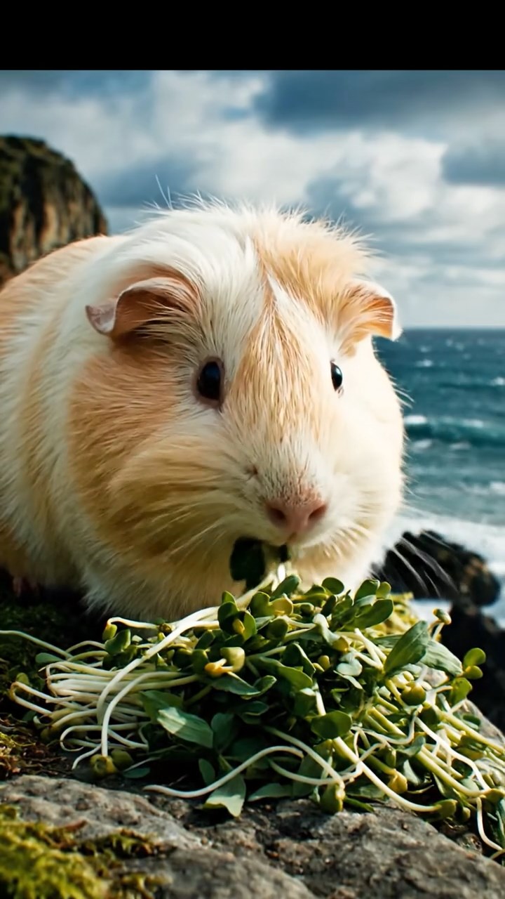 406. Photorealistic scene of 1 smooth-haired Teddy guinea pig with Cream fur, nibbling on fresh alfalfa sprouts, on a rocky cliffside overlooking a turbulent sea, with jagged rocks and crashing waves below, under dramatic clouds, capturing a lifelike, coastal moment.