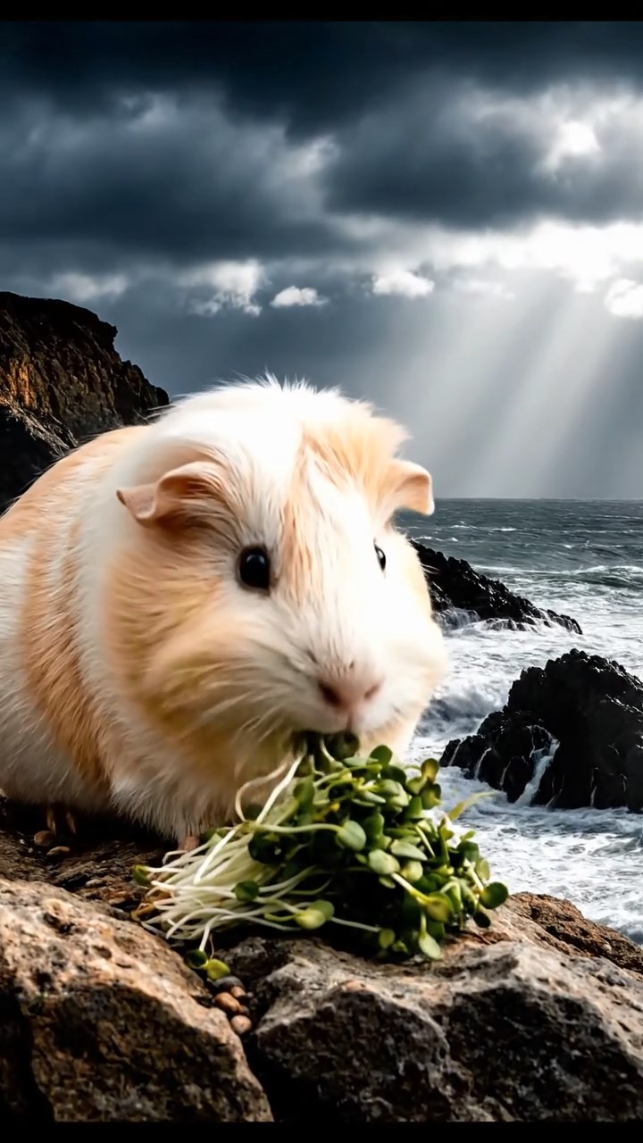 406. Photorealistic scene of 1 smooth-haired Teddy guinea pig with Cream fur, nibbling on fresh alfalfa sprouts, on a rocky cliffside overlooking a turbulent sea, with jagged rocks and crashing waves below, under dramatic clouds, capturing a lifelike, coastal moment.