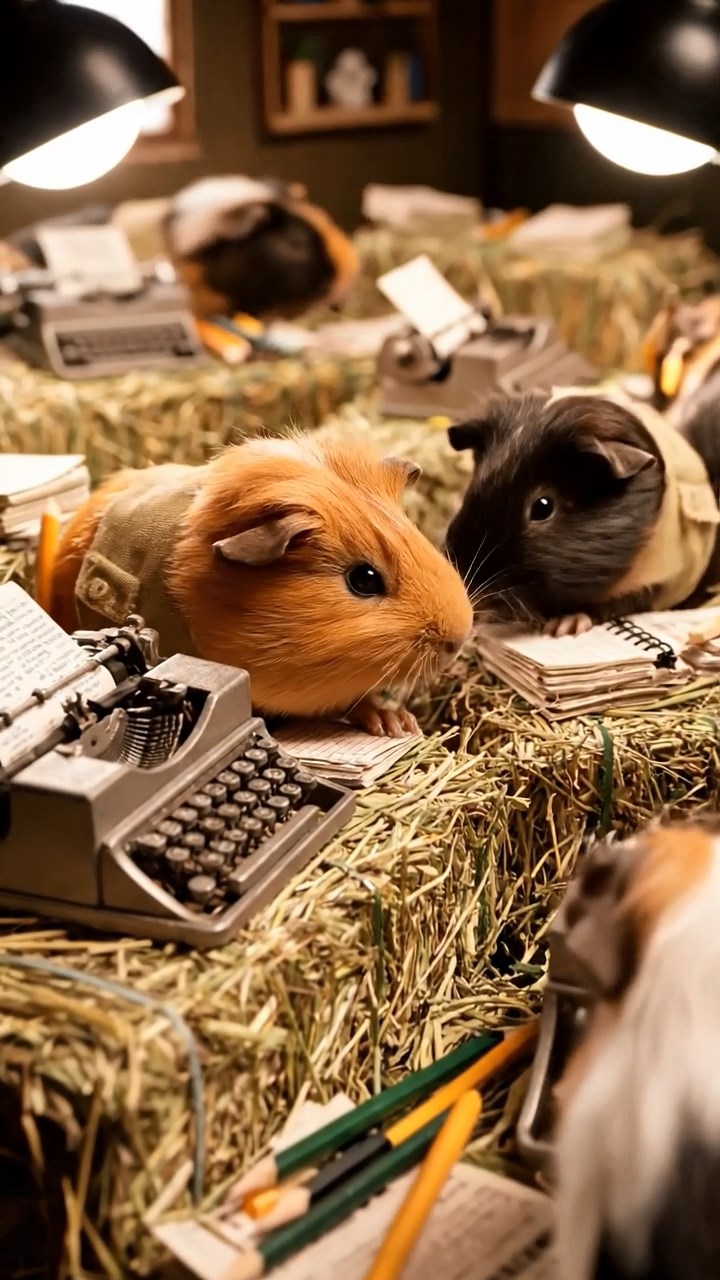 407. Highly detailed view of 2 smooth-haired Himalayan guinea pigs with Fawn and Sable fur, dressed as journalists in tiny vests, taking notes in a guinea pig newsroom with hay desks and miniature typewriters, under bright lights, creating a realistic, bustling scene.