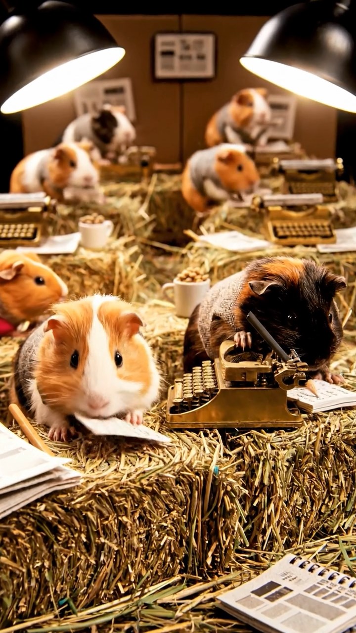 407. Highly detailed view of 2 smooth-haired Himalayan guinea pigs with Fawn and Sable fur, dressed as journalists in tiny vests, taking notes in a guinea pig newsroom with hay desks and miniature typewriters, under bright lights, creating a realistic, bustling scene.