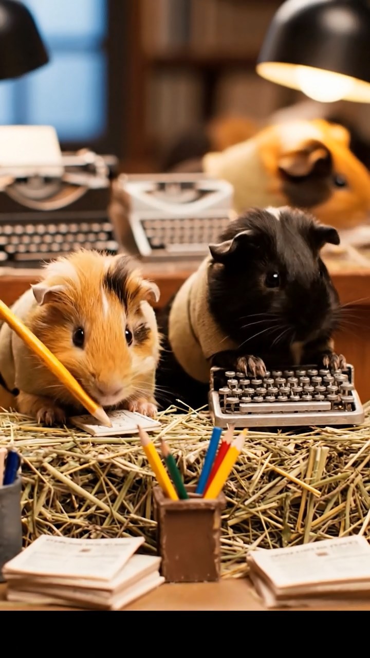 407. Highly detailed view of 2 smooth-haired Himalayan guinea pigs with Fawn and Sable fur, dressed as journalists in tiny vests, taking notes in a guinea pig newsroom with hay desks and miniature typewriters, under bright lights, creating a realistic, bustling scene.