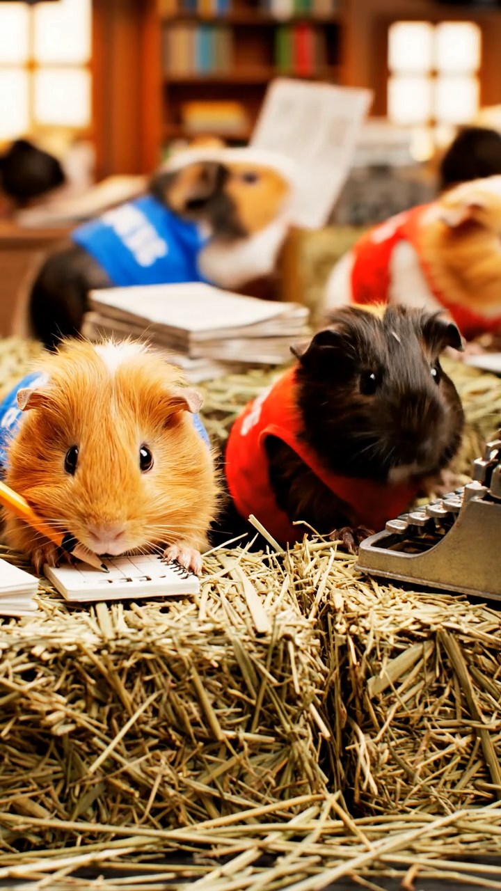 407. Highly detailed view of 2 smooth-haired Himalayan guinea pigs with Fawn and Sable fur, dressed as journalists in tiny vests, taking notes in a guinea pig newsroom with hay desks and miniature typewriters, under bright lights, creating a realistic, bustling scene.