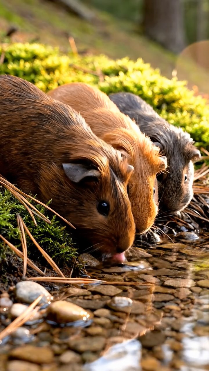 408. Realistic scene of 3 smooth-haired Californian guinea pigs with Chocolate, Cinnamon, and Gray fur, drinking from a clear stream in a forested slope with pine needles and moss, under dappled sunlight, enhancing the authentic, serene atmosphere.