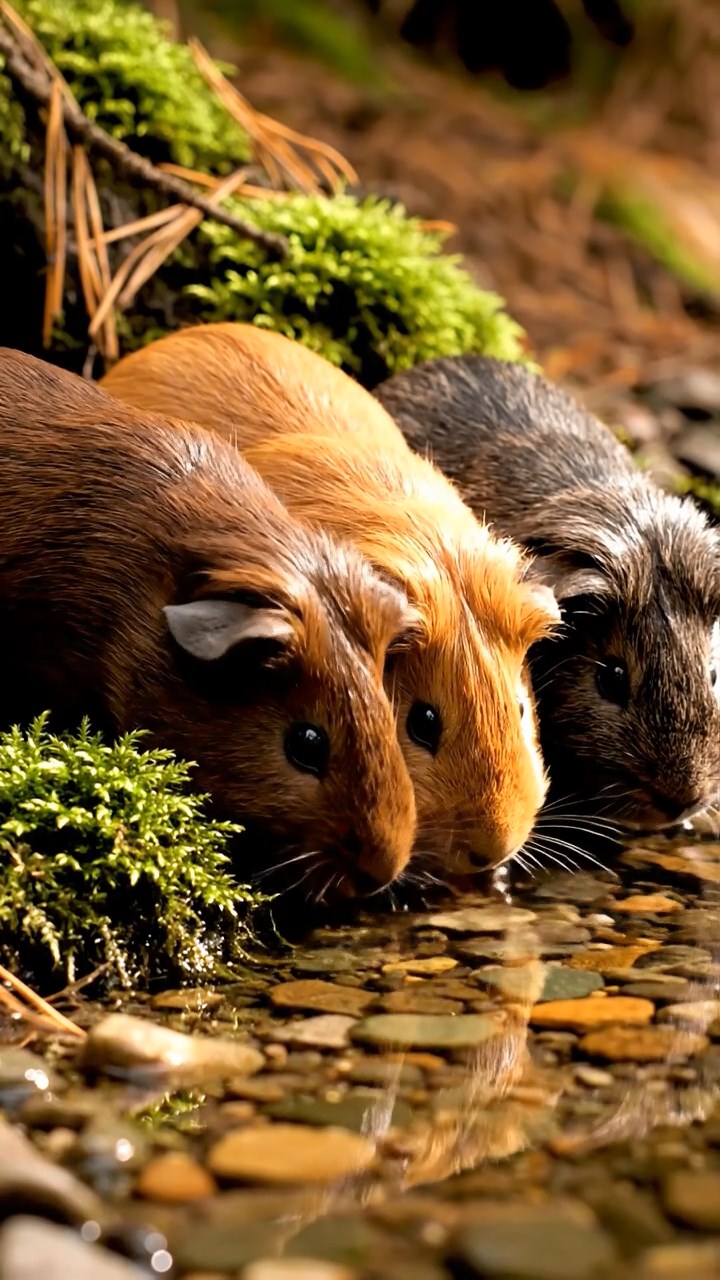 408. Realistic scene of 3 smooth-haired Californian guinea pigs with Chocolate, Cinnamon, and Gray fur, drinking from a clear stream in a forested slope with pine needles and moss, under dappled sunlight, enhancing the authentic, serene atmosphere.