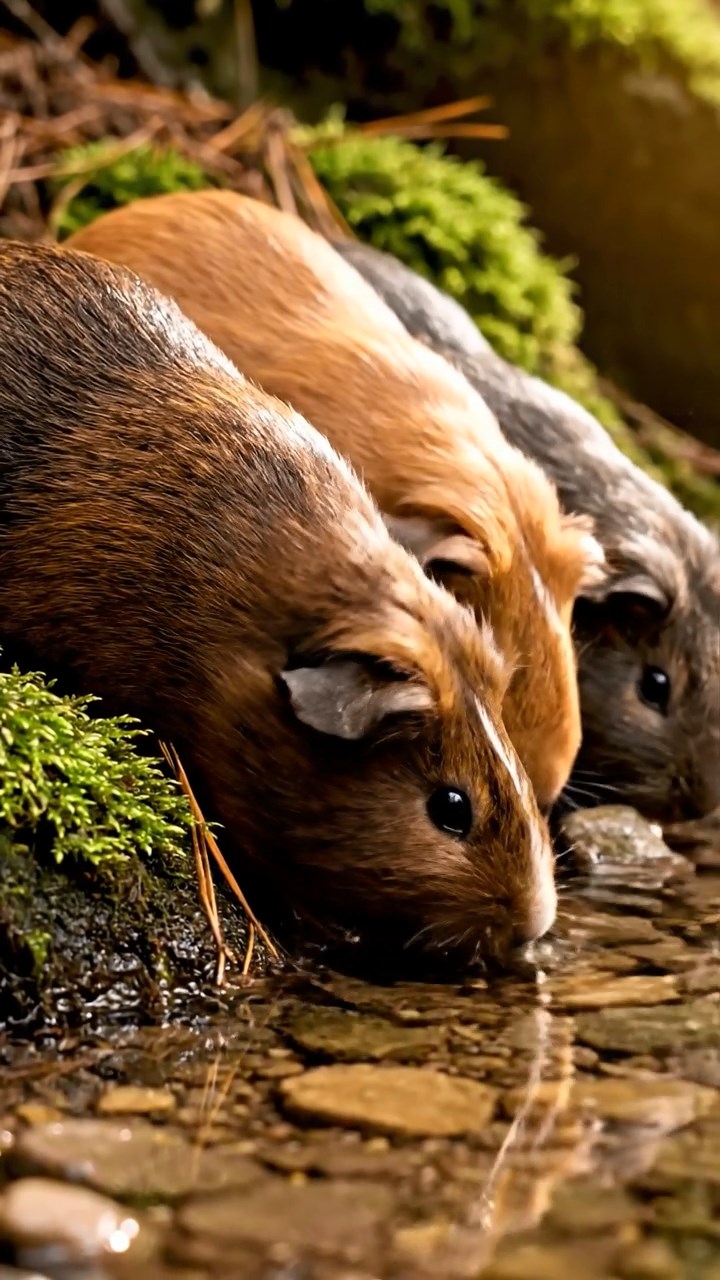 408. Realistic scene of 3 smooth-haired Californian guinea pigs with Chocolate, Cinnamon, and Gray fur, drinking from a clear stream in a forested slope with pine needles and moss, under dappled sunlight, enhancing the authentic, serene atmosphere.