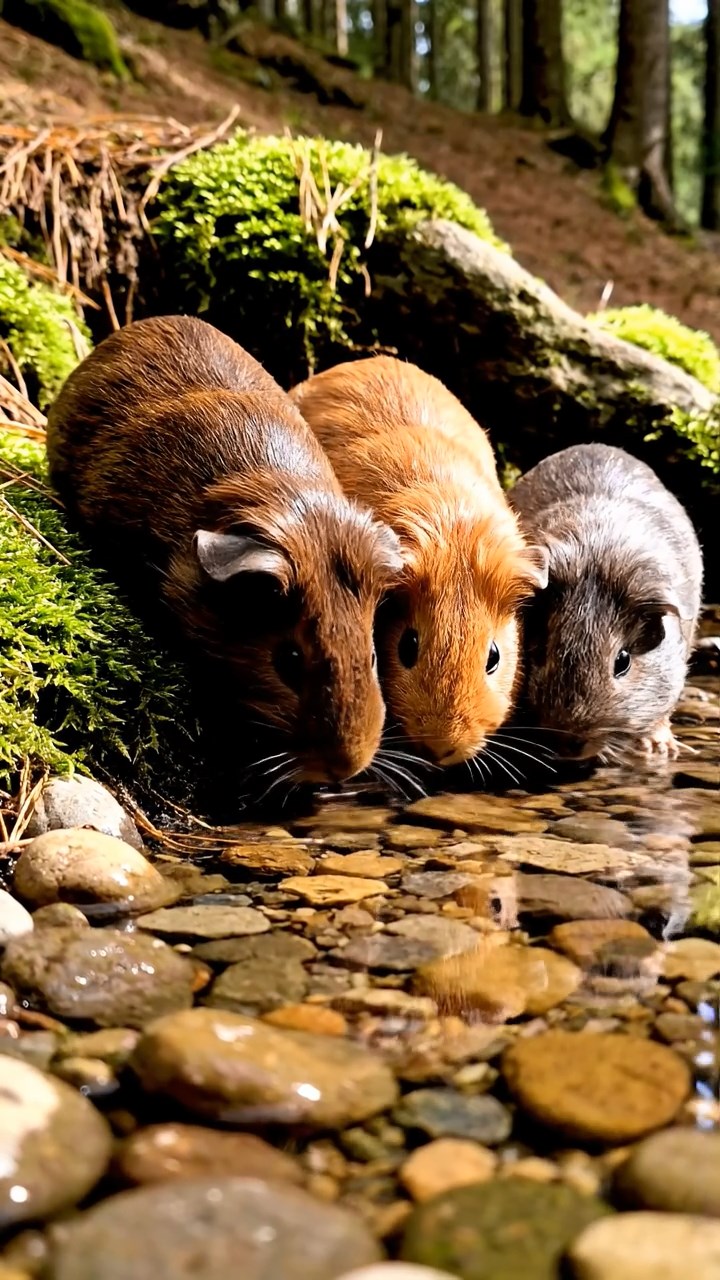 408. Realistic scene of 3 smooth-haired Californian guinea pigs with Chocolate, Cinnamon, and Gray fur, drinking from a clear stream in a forested slope with pine needles and moss, under dappled sunlight, enhancing the authentic, serene atmosphere.