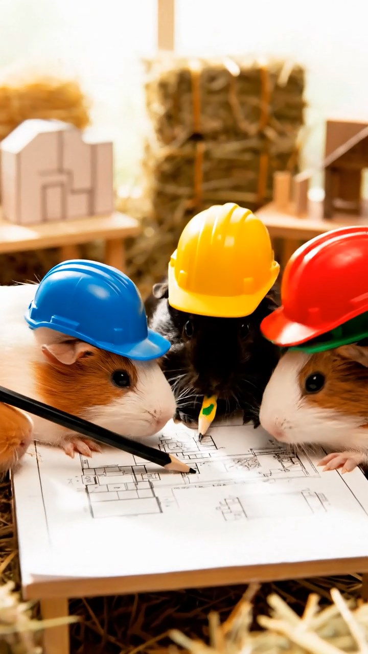 409. Detailed photo of 4 smooth-haired American guinea pigs with White, Orange, Black, and Brown fur, dressed as architects in tiny hard hats, sketching blueprints in a guinea pig office with hay models and wooden desks, under soft daylight, creating a vivid, realistic professional scene.