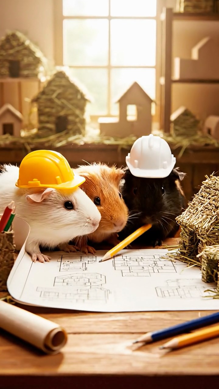 409. Detailed photo of 4 smooth-haired American guinea pigs with White, Orange, Black, and Brown fur, dressed as architects in tiny hard hats, sketching blueprints in a guinea pig office with hay models and wooden desks, under soft daylight, creating a vivid, realistic professional scene.