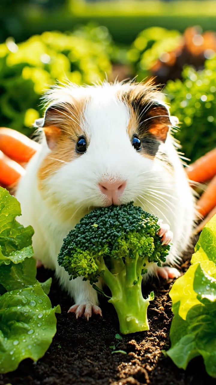 411. Highly detailed view of 1 smooth-haired Himalayan guinea pig with White fur, chewing on fresh broccoli, in a vibrant vegetable garden with rows of carrots and lettuce, under bright sunlight, creating a realistic, colorful rural scene of peaceful foraging.