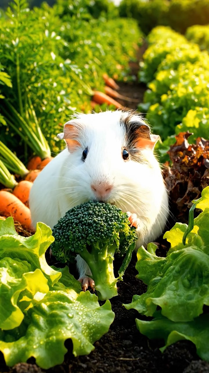 411. Highly detailed view of 1 smooth-haired Himalayan guinea pig with White fur, chewing on fresh broccoli, in a vibrant vegetable garden with rows of carrots and lettuce, under bright sunlight, creating a realistic, colorful rural scene of peaceful foraging.