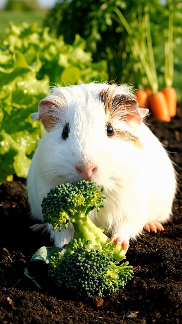 411. Highly detailed view of 1 smooth-haired Himalayan guinea pig with White fur, chewing on fresh broccoli, in a vibrant vegetable garden with rows of carrots and lettuce, under bright sunlight, creating a realistic, colorful rural scene of peaceful foraging.