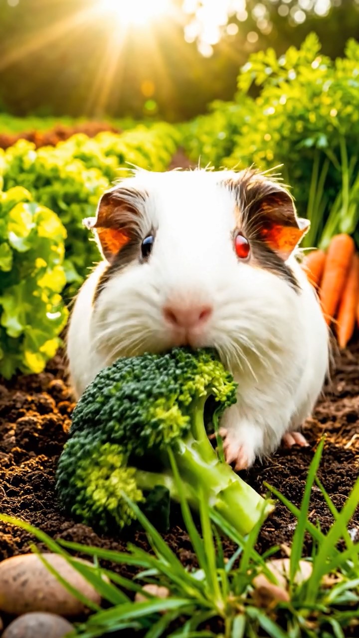 411. Highly detailed view of 1 smooth-haired Himalayan guinea pig with White fur, chewing on fresh broccoli, in a vibrant vegetable garden with rows of carrots and lettuce, under bright sunlight, creating a realistic, colorful rural scene of peaceful foraging.