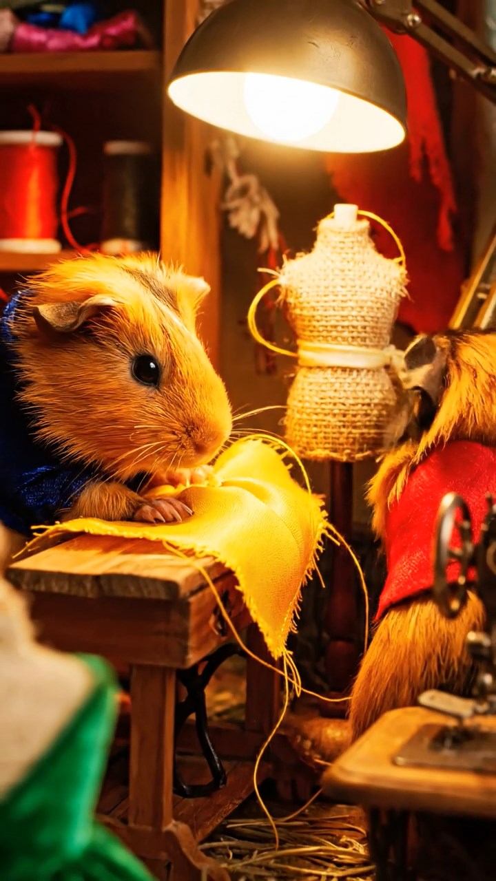 412. Realistic scene of 2 smooth-haired Californian guinea pigs with Orange and Black fur, dressed as tailors in tiny vests, sewing miniature dresses in a guinea pig atelier with colorful fabrics and hay mannequins, under warm lamplight, enhancing the lifelike, creative atmosphere.