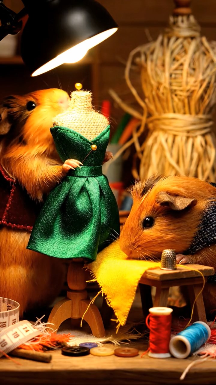 412. Realistic scene of 2 smooth-haired Californian guinea pigs with Orange and Black fur, dressed as tailors in tiny vests, sewing miniature dresses in a guinea pig atelier with colorful fabrics and hay mannequins, under warm lamplight, enhancing the lifelike, creative atmosphere.