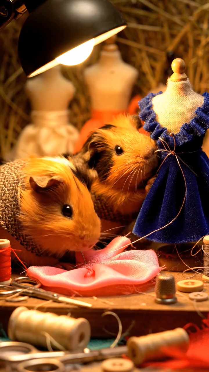 412. Realistic scene of 2 smooth-haired Californian guinea pigs with Orange and Black fur, dressed as tailors in tiny vests, sewing miniature dresses in a guinea pig atelier with colorful fabrics and hay mannequins, under warm lamplight, enhancing the lifelike, creative atmosphere.