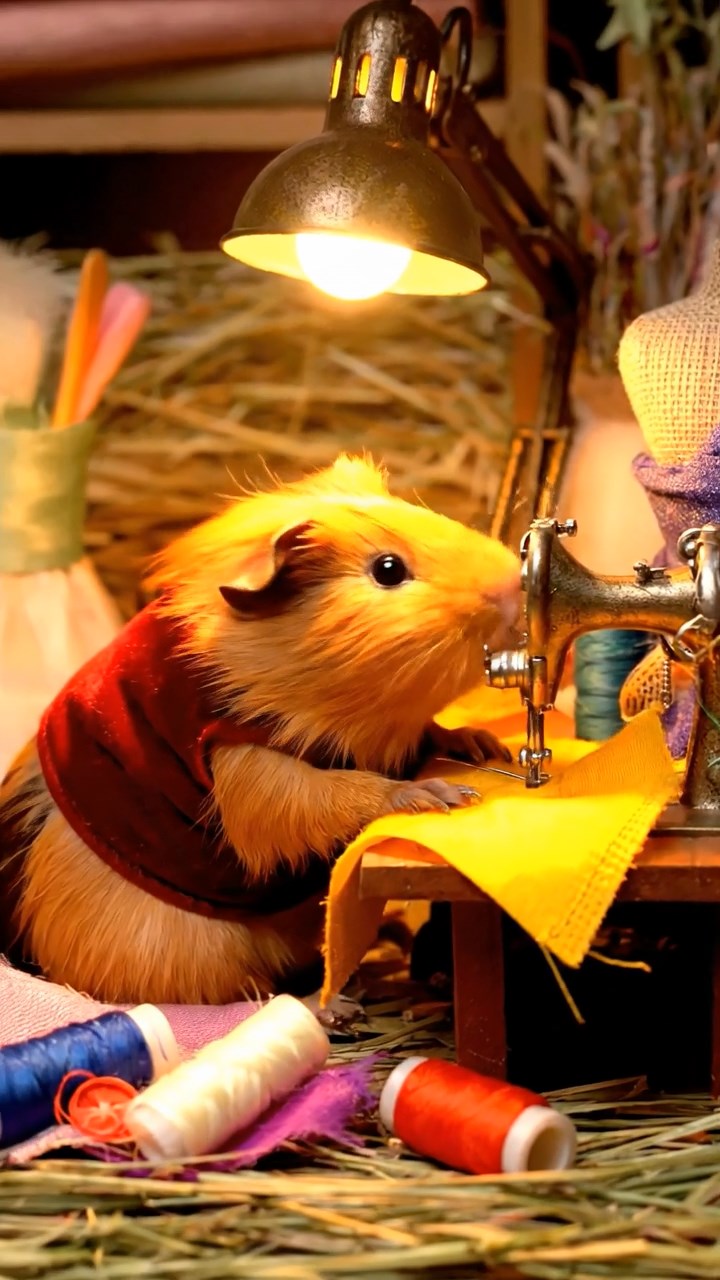 412. Realistic scene of 2 smooth-haired Californian guinea pigs with Orange and Black fur, dressed as tailors in tiny vests, sewing miniature dresses in a guinea pig atelier with colorful fabrics and hay mannequins, under warm lamplight, enhancing the lifelike, creative atmosphere.