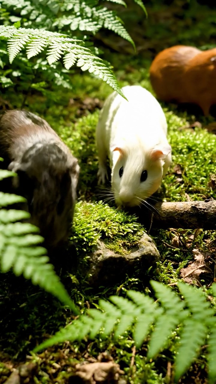 413. Detailed photo of 3 smooth-haired American guinea pigs with Gray, Cream, and Brown fur, marking territory with subtle scent trails in a lush fern grove with dense green fronds, under dappled sunlight, creating a vivid, realistic forest scene.