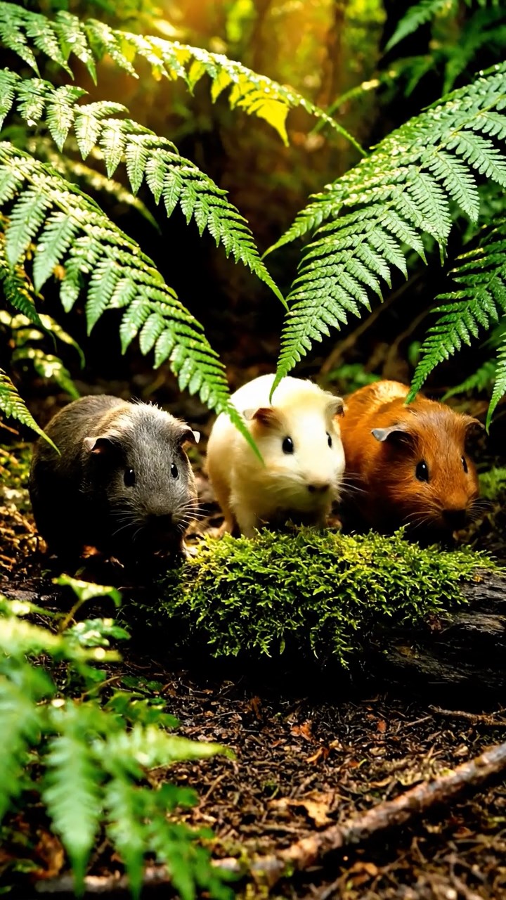 413. Detailed photo of 3 smooth-haired American guinea pigs with Gray, Cream, and Brown fur, marking territory with subtle scent trails in a lush fern grove with dense green fronds, under dappled sunlight, creating a vivid, realistic forest scene.