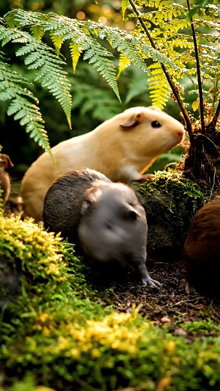 413. Detailed photo of 3 smooth-haired American guinea pigs with Gray, Cream, and Brown fur, marking territory with subtle scent trails in a lush fern grove with dense green fronds, under dappled sunlight, creating a vivid, realistic forest scene.