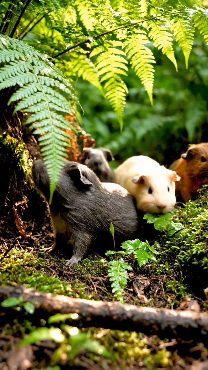 413. Detailed photo of 3 smooth-haired American guinea pigs with Gray, Cream, and Brown fur, marking territory with subtle scent trails in a lush fern grove with dense green fronds, under dappled sunlight, creating a vivid, realistic forest scene.