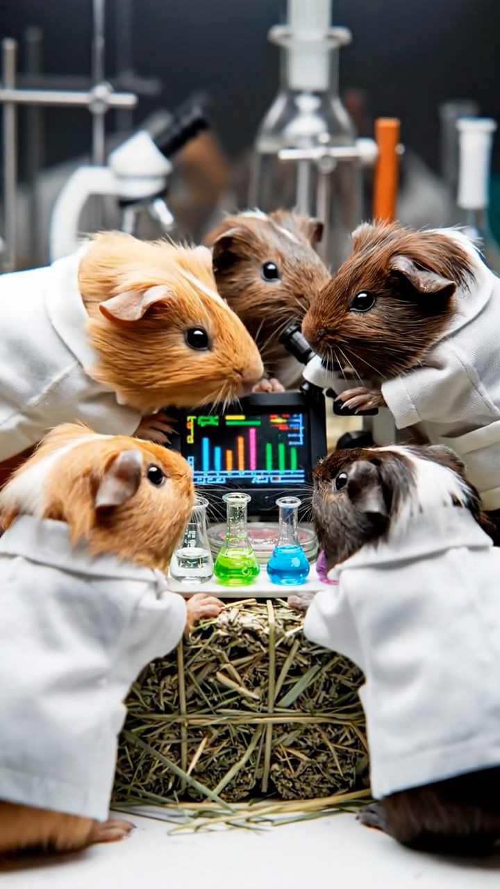 414. Photorealistic scene of 4 smooth-haired Teddy guinea pigs with Fawn, Chocolate, Cinnamon, and Sable fur, dressed as scientists in tiny lab coats, analyzing data in a guinea pig laboratory with miniature beakers and hay benches, under bright lights, capturing a realistic, intellectual moment.
