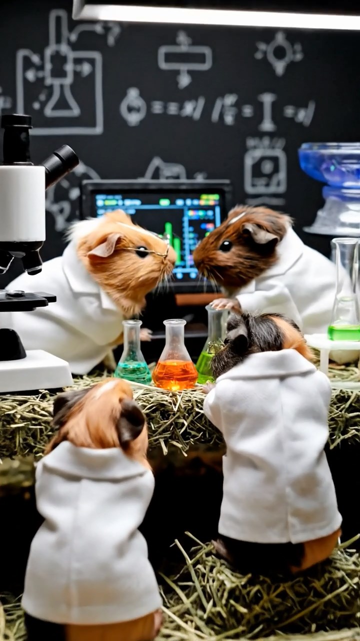 414. Photorealistic scene of 4 smooth-haired Teddy guinea pigs with Fawn, Chocolate, Cinnamon, and Sable fur, dressed as scientists in tiny lab coats, analyzing data in a guinea pig laboratory with miniature beakers and hay benches, under bright lights, capturing a realistic, intellectual moment.