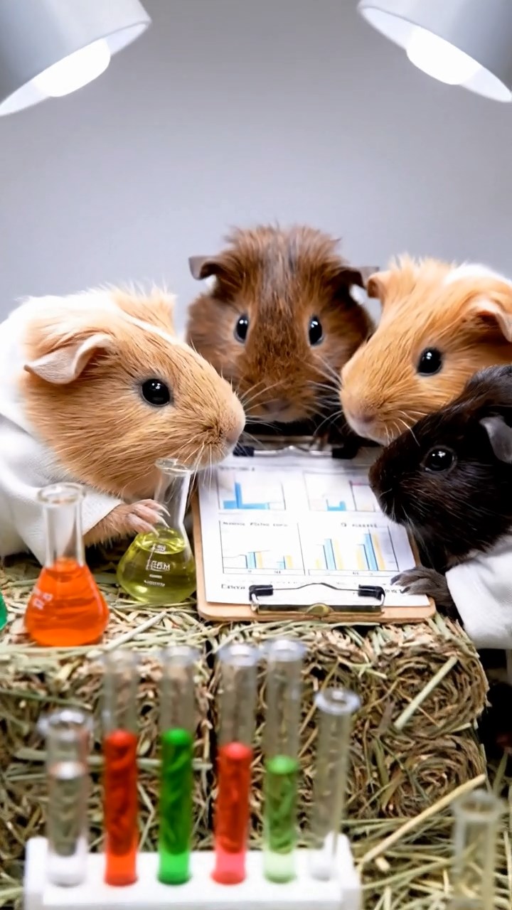 414. Photorealistic scene of 4 smooth-haired Teddy guinea pigs with Fawn, Chocolate, Cinnamon, and Sable fur, dressed as scientists in tiny lab coats, analyzing data in a guinea pig laboratory with miniature beakers and hay benches, under bright lights, capturing a realistic, intellectual moment.