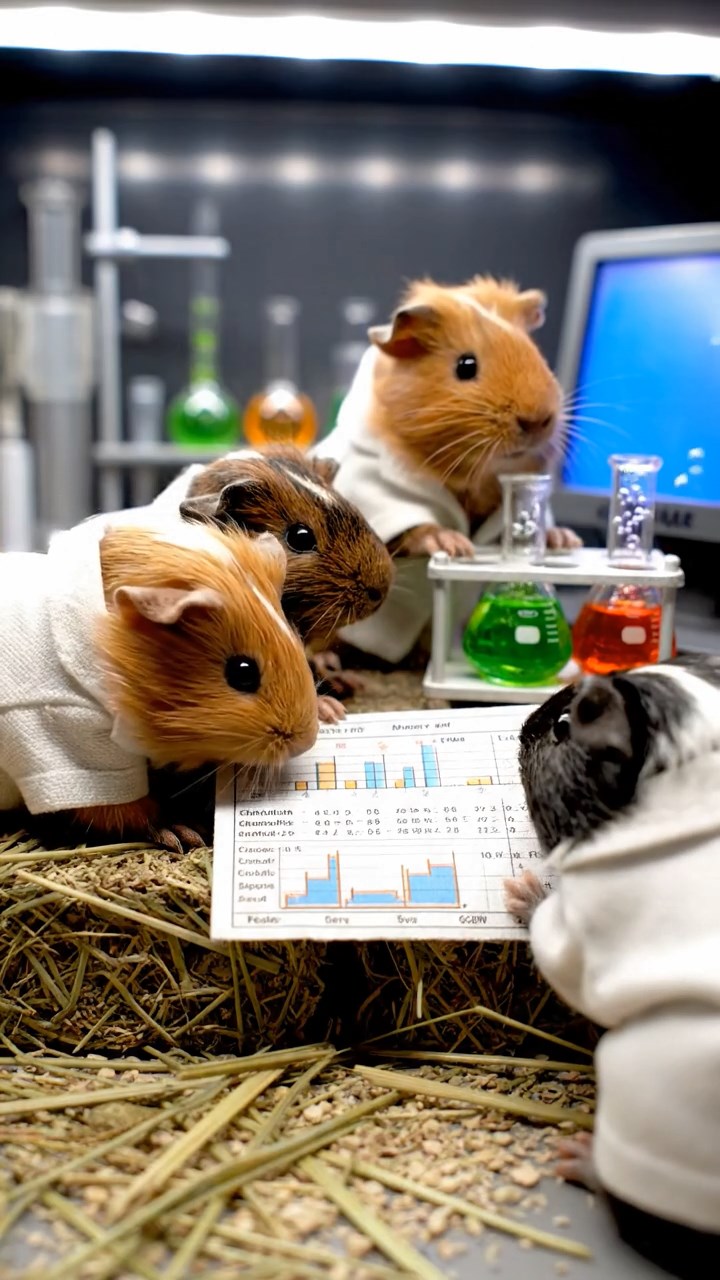 414. Photorealistic scene of 4 smooth-haired Teddy guinea pigs with Fawn, Chocolate, Cinnamon, and Sable fur, dressed as scientists in tiny lab coats, analyzing data in a guinea pig laboratory with miniature beakers and hay benches, under bright lights, capturing a realistic, intellectual moment.