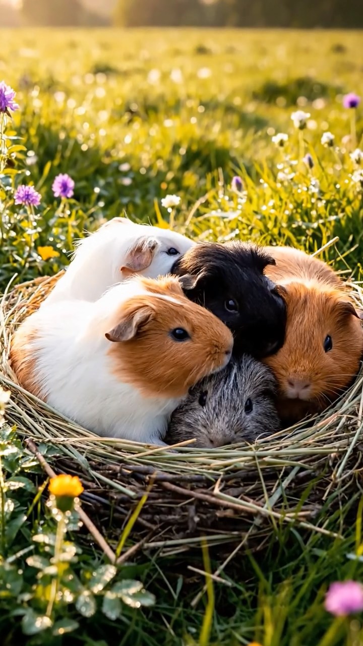 415. Highly detailed view of 5 smooth-haired Himalayan guinea pigs with White, Orange, Gray, Black, and Brown fur, snuggling for warmth in a cozy nest of grass and twigs in a tranquil meadow with wildflowers, under soft morning light, creating a realistic, heartwarming scene.