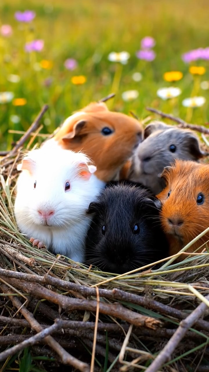 415. Highly detailed view of 5 smooth-haired Himalayan guinea pigs with White, Orange, Gray, Black, and Brown fur, snuggling for warmth in a cozy nest of grass and twigs in a tranquil meadow with wildflowers, under soft morning light, creating a realistic, heartwarming scene.