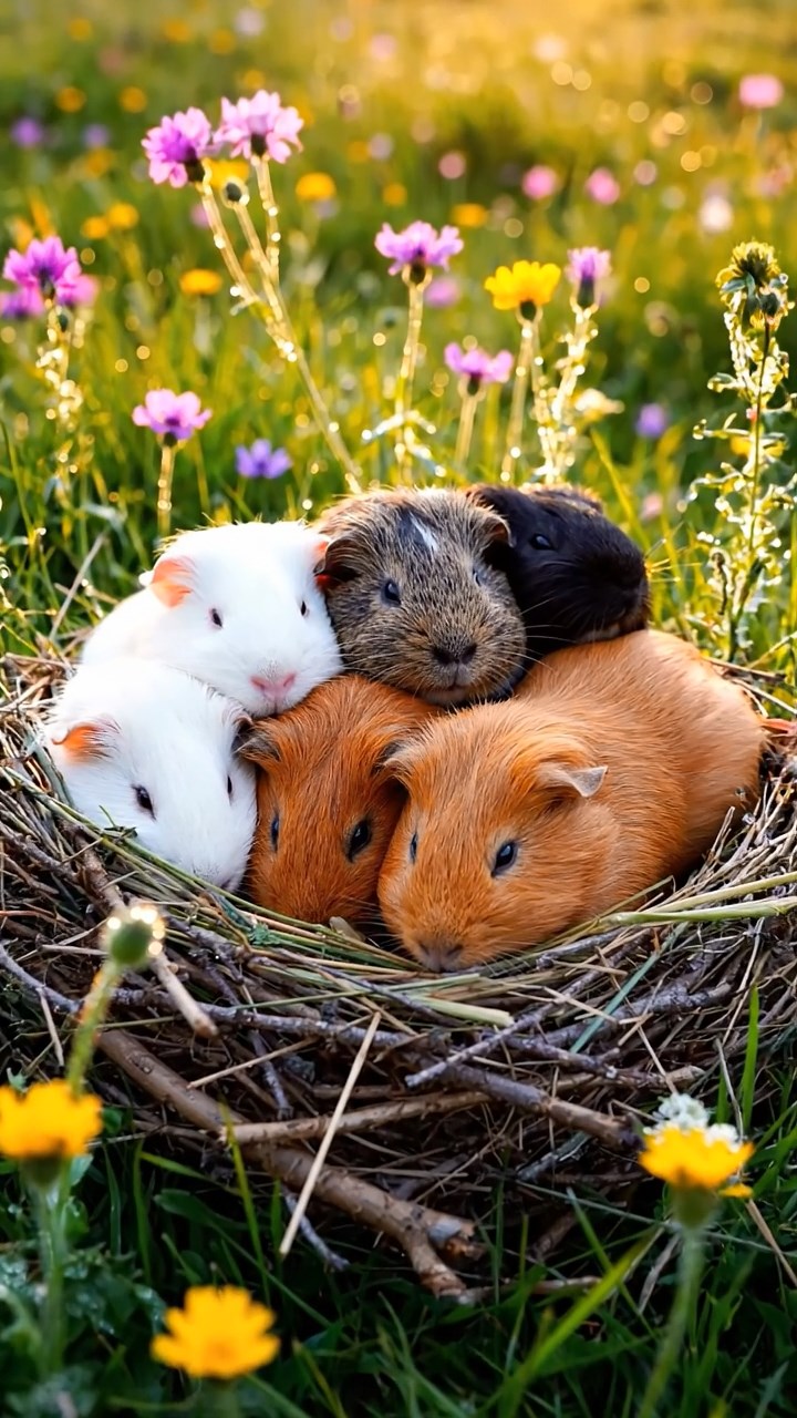 415. Highly detailed view of 5 smooth-haired Himalayan guinea pigs with White, Orange, Gray, Black, and Brown fur, snuggling for warmth in a cozy nest of grass and twigs in a tranquil meadow with wildflowers, under soft morning light, creating a realistic, heartwarming scene.