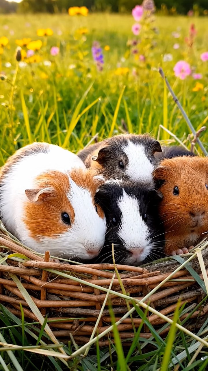 415. Highly detailed view of 5 smooth-haired Himalayan guinea pigs with White, Orange, Gray, Black, and Brown fur, snuggling for warmth in a cozy nest of grass and twigs in a tranquil meadow with wildflowers, under soft morning light, creating a realistic, heartwarming scene.