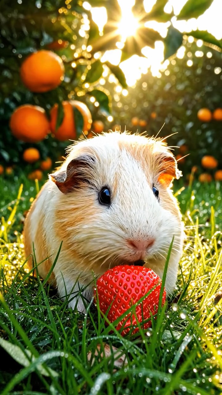 416. Realistic scene of 1 smooth-haired Californian guinea pig with Cream fur, munching on strawberries, in a fragrant citrus orchard with rows of orange trees glistening with dew, under warm sunlight, capturing a vivid, lifelike rural moment.