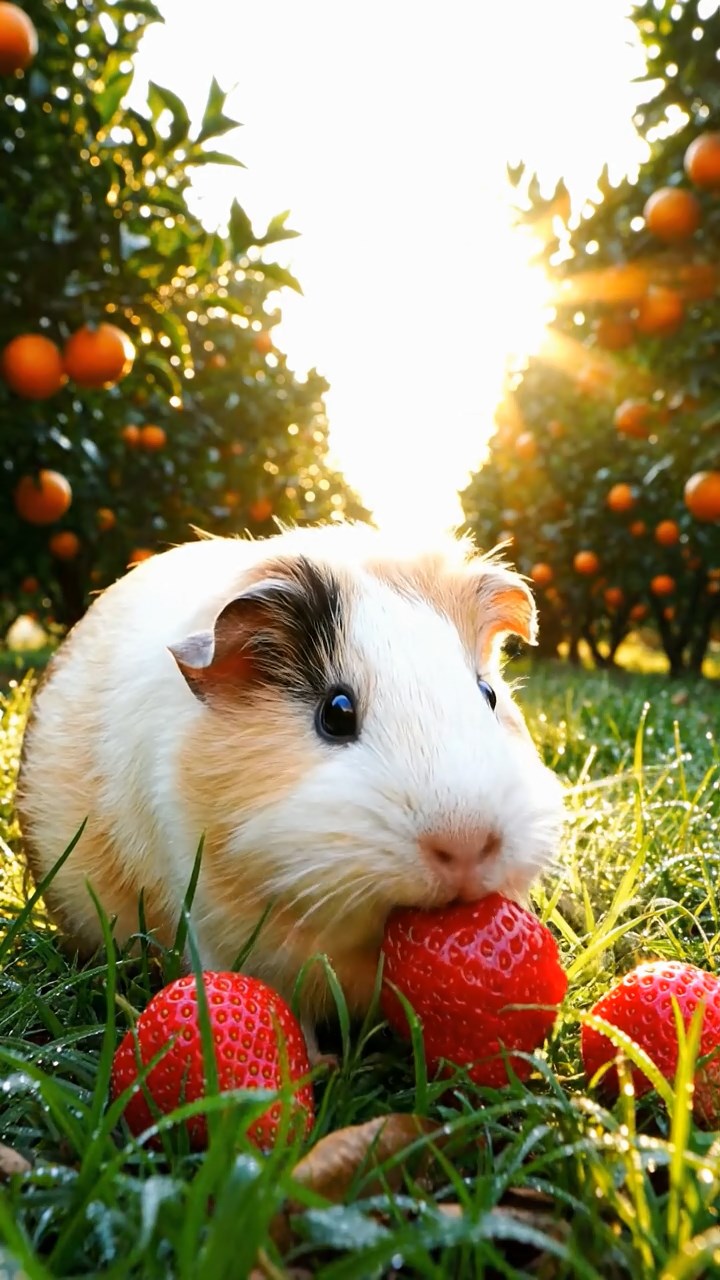 416. Realistic scene of 1 smooth-haired Californian guinea pig with Cream fur, munching on strawberries, in a fragrant citrus orchard with rows of orange trees glistening with dew, under warm sunlight, capturing a vivid, lifelike rural moment.