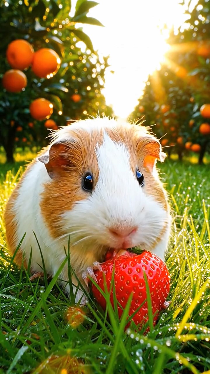 416. Realistic scene of 1 smooth-haired Californian guinea pig with Cream fur, munching on strawberries, in a fragrant citrus orchard with rows of orange trees glistening with dew, under warm sunlight, capturing a vivid, lifelike rural moment.