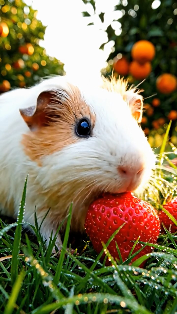 416. Realistic scene of 1 smooth-haired Californian guinea pig with Cream fur, munching on strawberries, in a fragrant citrus orchard with rows of orange trees glistening with dew, under warm sunlight, capturing a vivid, lifelike rural moment.