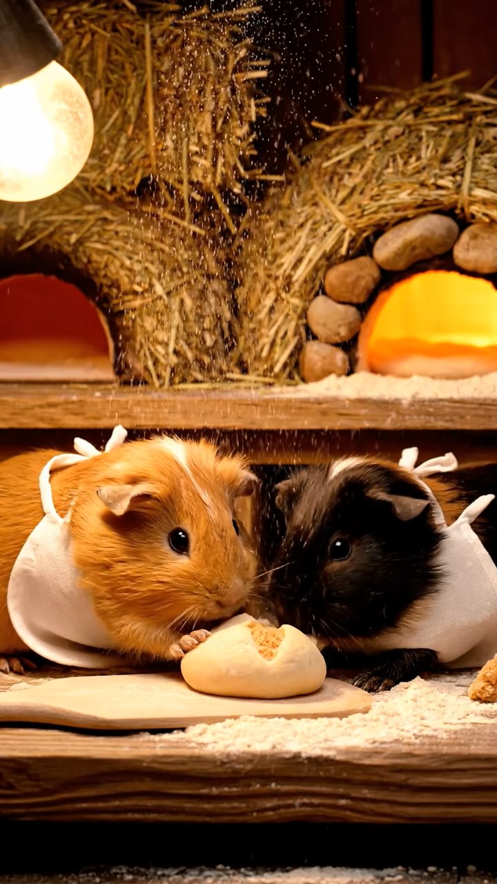 417. Detailed photo of 2 smooth-haired American guinea pigs with Fawn and Sable fur, dressed as bakers in tiny aprons, baking bread in a guinea pig bakery with hay ovens and wooden counters, under soft lamplight, creating a realistic, cozy culinary scene.
