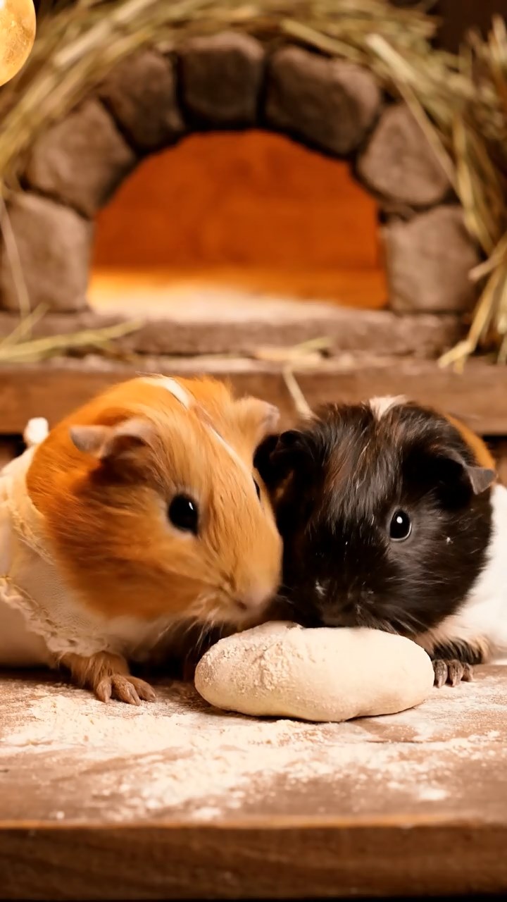 417. Detailed photo of 2 smooth-haired American guinea pigs with Fawn and Sable fur, dressed as bakers in tiny aprons, baking bread in a guinea pig bakery with hay ovens and wooden counters, under soft lamplight, creating a realistic, cozy culinary scene.