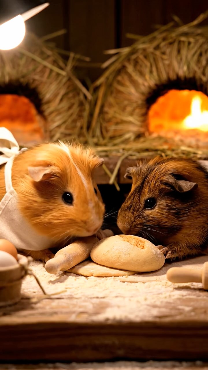 417. Detailed photo of 2 smooth-haired American guinea pigs with Fawn and Sable fur, dressed as bakers in tiny aprons, baking bread in a guinea pig bakery with hay ovens and wooden counters, under soft lamplight, creating a realistic, cozy culinary scene.