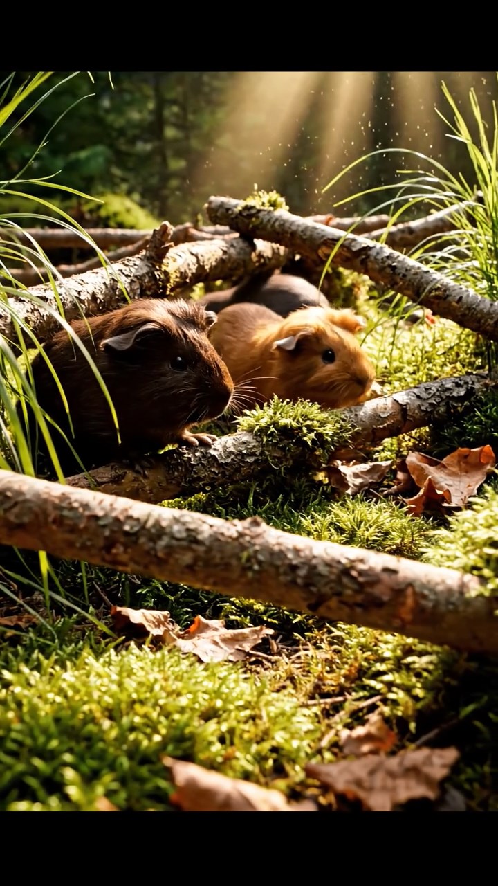 418. Photorealistic scene of 3 smooth-haired Teddy guinea pigs with Chocolate, Cinnamon, and Gray fur, exploring a maze of twigs and grass in a forested clearing with soft moss and scattered leaves, under dappled sunlight, enhancing the authentic, adventurous atmosphere.