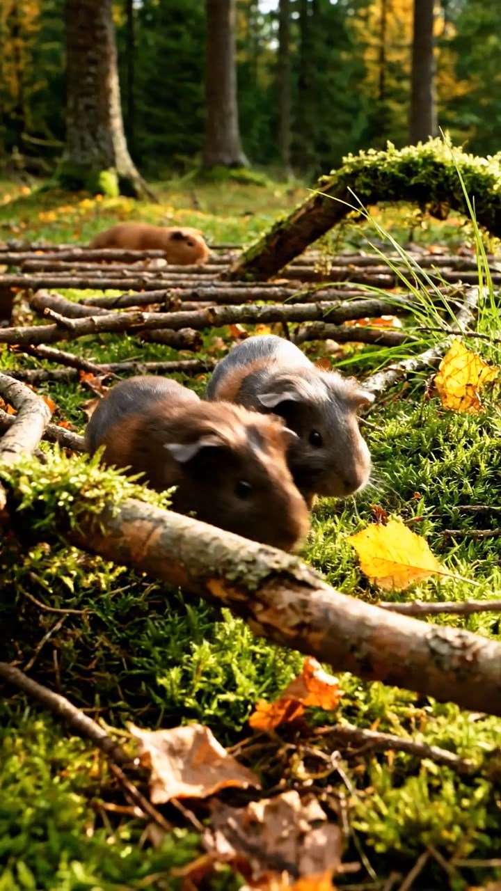 418. Photorealistic scene of 3 smooth-haired Teddy guinea pigs with Chocolate, Cinnamon, and Gray fur, exploring a maze of twigs and grass in a forested clearing with soft moss and scattered leaves, under dappled sunlight, enhancing the authentic, adventurous atmosphere.
