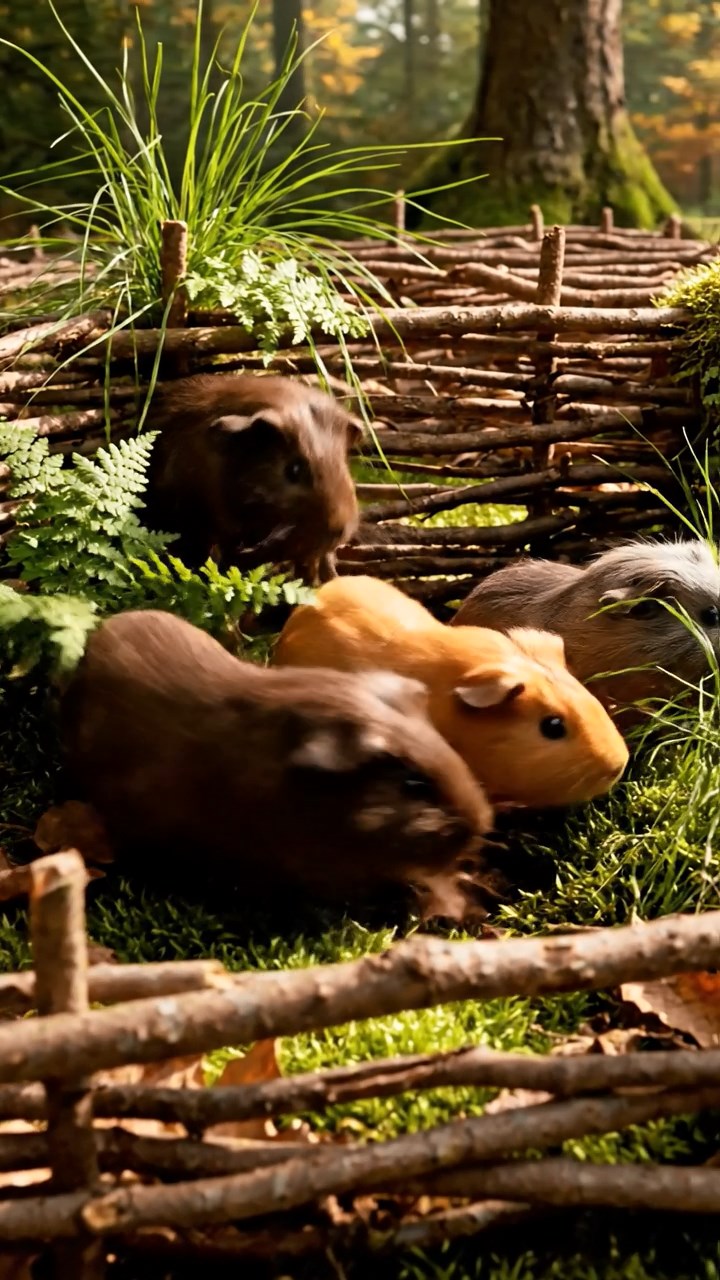 418. Photorealistic scene of 3 smooth-haired Teddy guinea pigs with Chocolate, Cinnamon, and Gray fur, exploring a maze of twigs and grass in a forested clearing with soft moss and scattered leaves, under dappled sunlight, enhancing the authentic, adventurous atmosphere.
