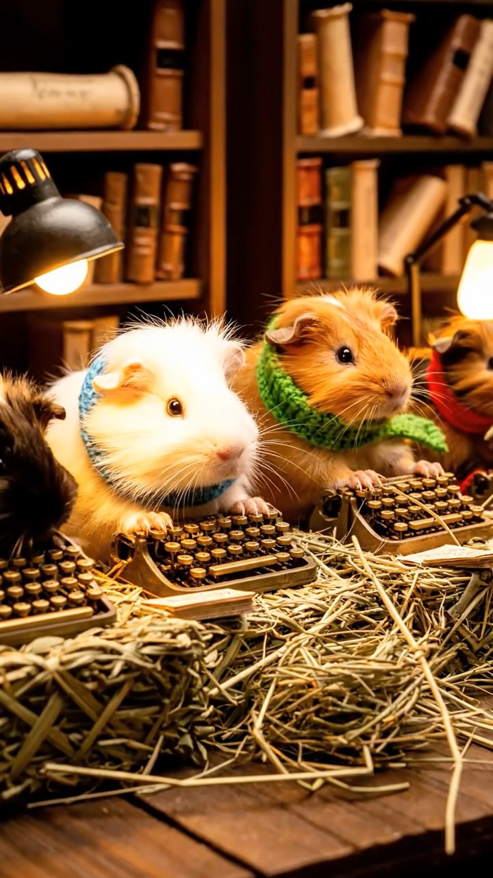 419. Highly detailed view of 4 smooth-haired Himalayan guinea pigs with White, Orange, Black, and Brown fur, dressed as writers in tiny scarves, typing stories in a guinea pig study with miniature books and hay desks, under warm lamplight, creating a vivid, realistic literary scene.