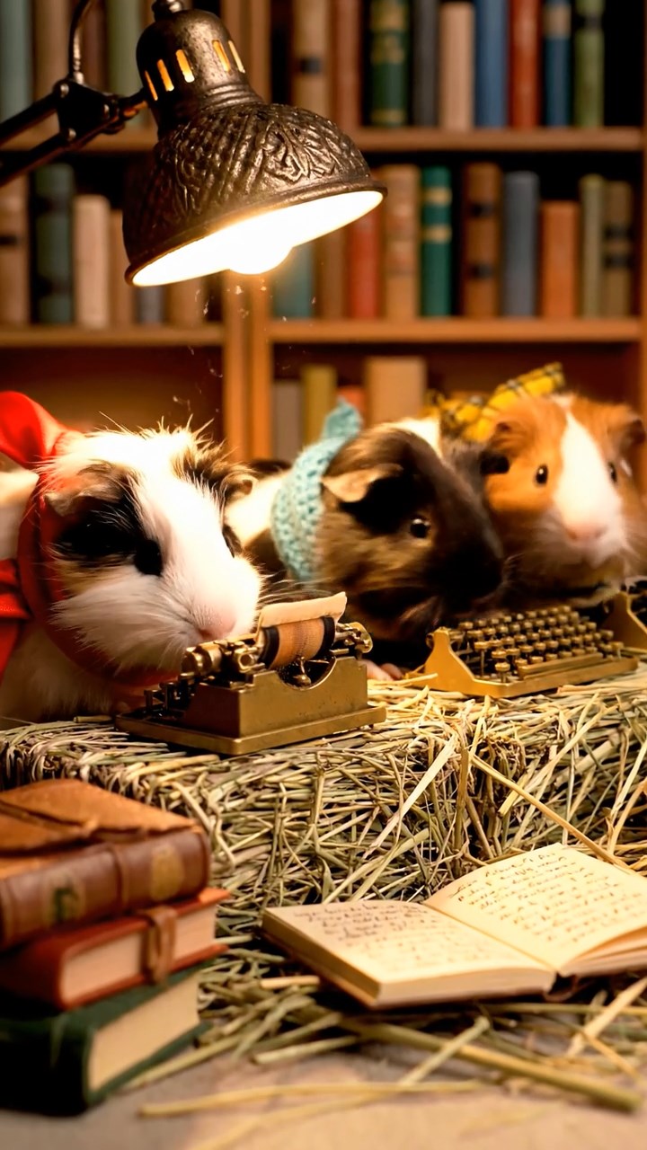 419. Highly detailed view of 4 smooth-haired Himalayan guinea pigs with White, Orange, Black, and Brown fur, dressed as writers in tiny scarves, typing stories in a guinea pig study with miniature books and hay desks, under warm lamplight, creating a vivid, realistic literary scene.