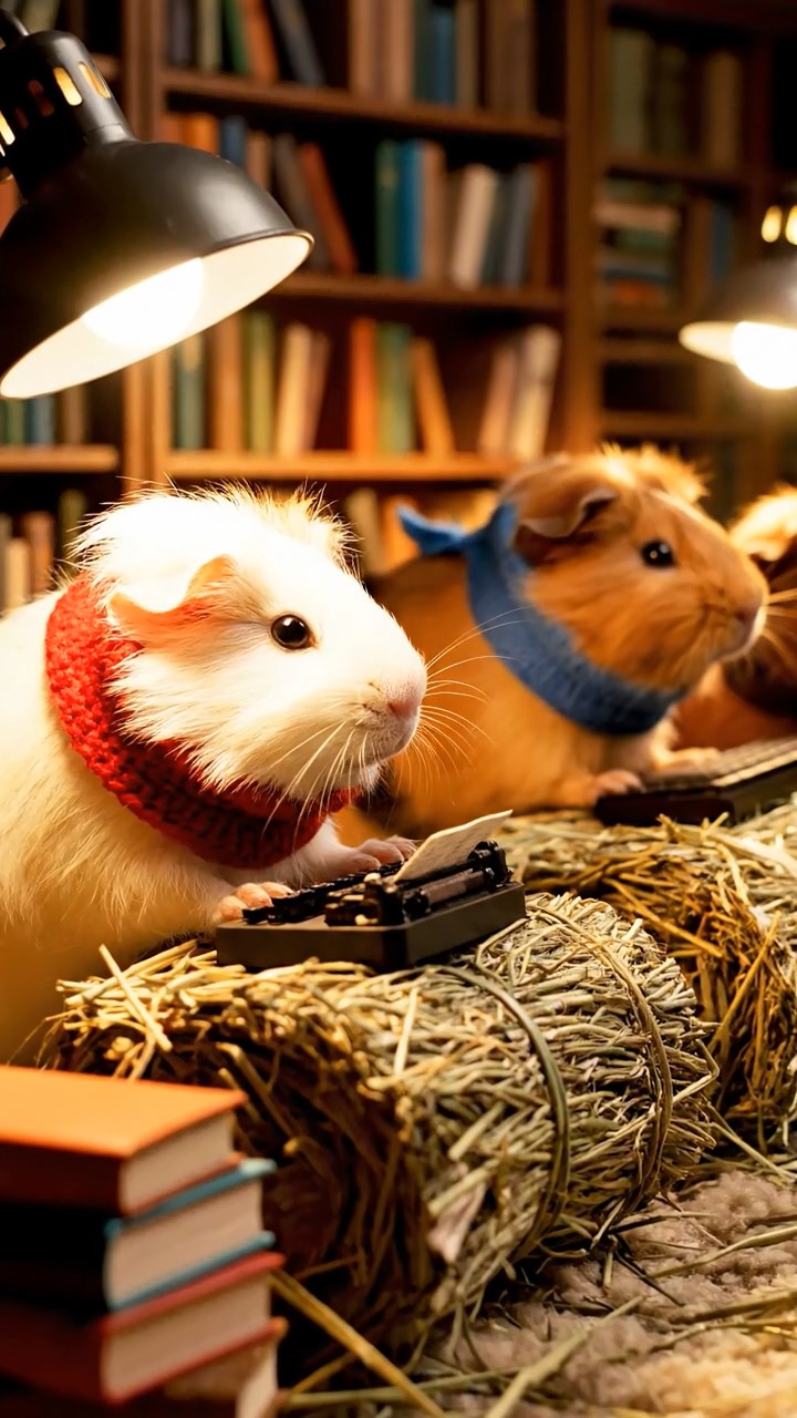 419. Highly detailed view of 4 smooth-haired Himalayan guinea pigs with White, Orange, Black, and Brown fur, dressed as writers in tiny scarves, typing stories in a guinea pig study with miniature books and hay desks, under warm lamplight, creating a vivid, realistic literary scene.